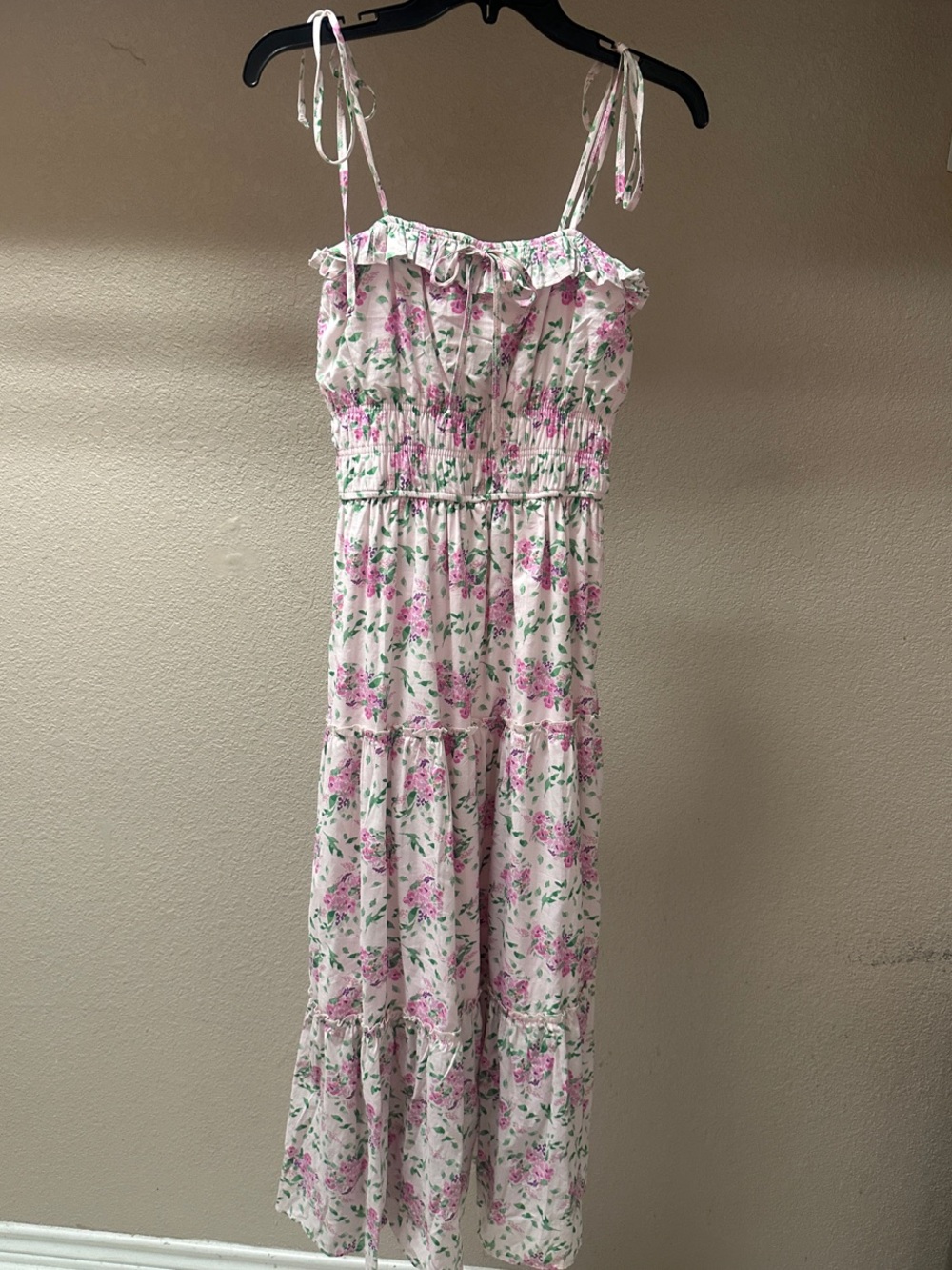 Francesca's Collections Pink Floral Ruffle Tie-Strap Maxi Dress